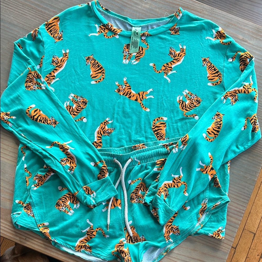 Honeydew Teal Tiger Print Pajama Set